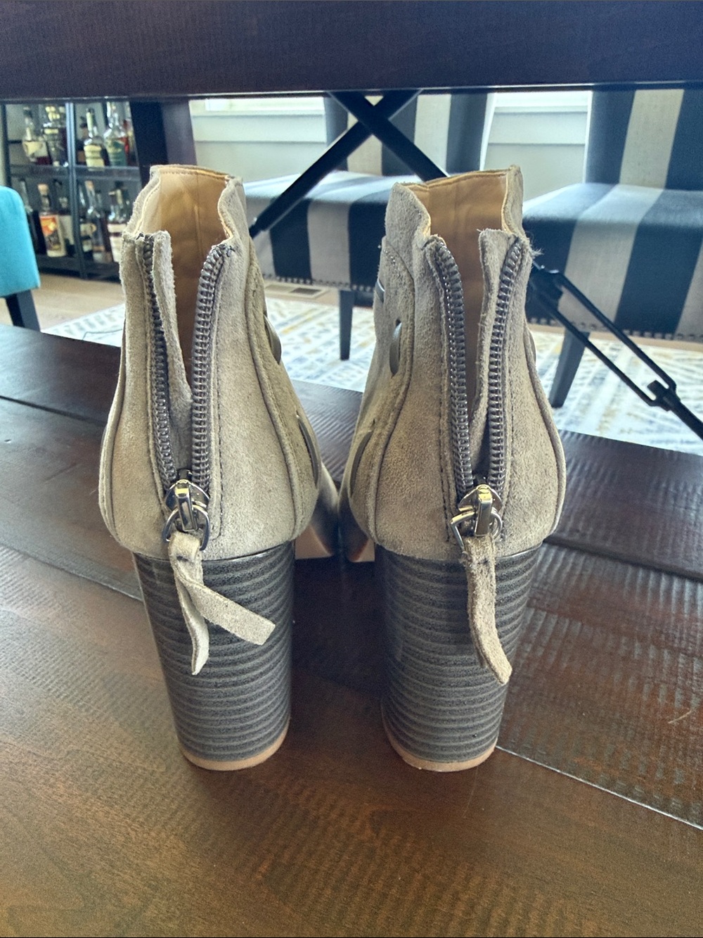 Nine West Taupe Suede Peep-Toe Block Heel Booties - Picture 4 of 5